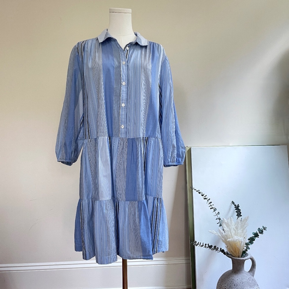 Gap Women XL Stripe Tiered Midi Popover Dress Puff Sleeve Coastal Cruise Cottage
